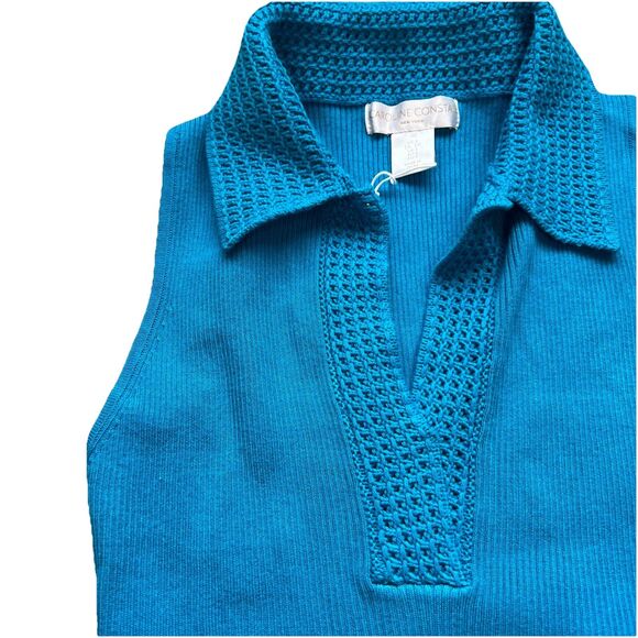 Caroline Constas Blue ribbed crochet Knit V-Neck Crop top designer NWT Small - Picture 2 of 7
